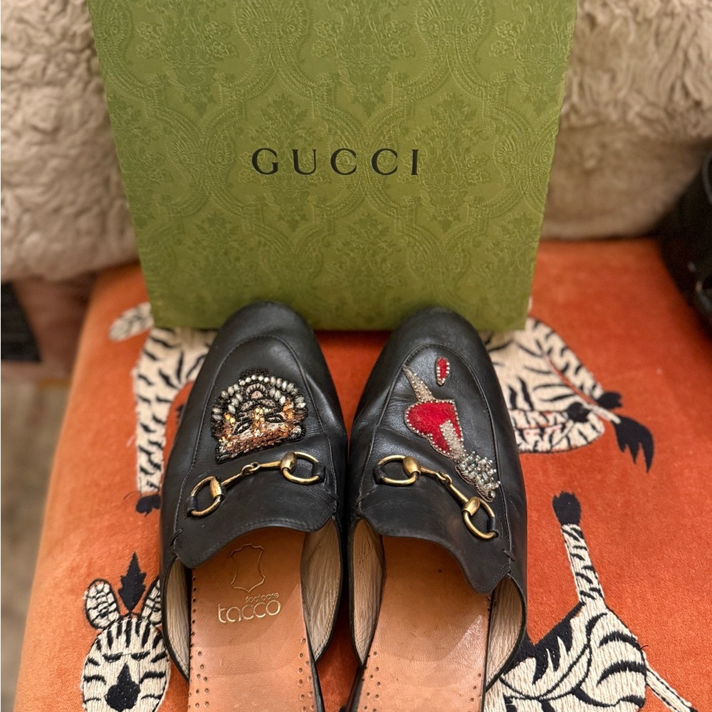 Gucci Black Embroidered Loafers with Gold Accents